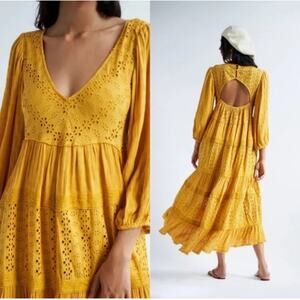 Free People Boho Mockingbird Tiered Maxi Dress in Yellow Women's Medium